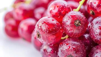 Close-up of fresh red currants with water droplets, showcasing their vibrant color and texture. photo