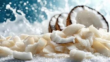 Coconut pieces scattered on a surface with splashes of water in the background. photo