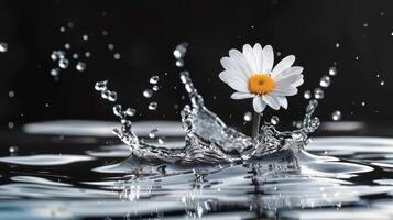 A daisy flower splashes in water, creating a dynamic and artistic scene. photo