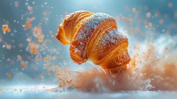 A croissant appears to leap through a cloud of flour, showcasing its flaky texture. photo