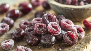 A close-up of sugared dried cherries on a wooden surface, with a bowl in the background. photo