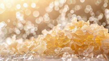 Close-up of crystalline substance with water droplets and a bokeh background. photo