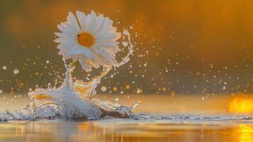 A daisy splashes in water, creating a beautiful scene with shimmering droplets. photo