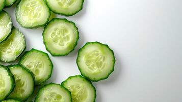Fresh cucumber slices arranged on a light surface, showcasing their vibrant color and texture. photo