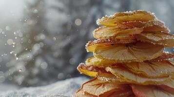 A decorative stack of dried fruit slices, dusted with snow, set against a blurred winter backdrop. photo