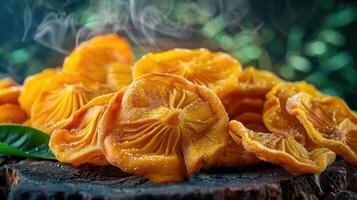 A vibrant display of dried fruit slices on a rustic wooden surface with a smoky background. photo