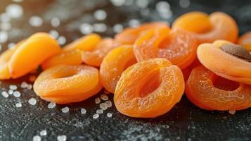 Dried apricots arranged on a dark surface, highlighting their texture and color. photo