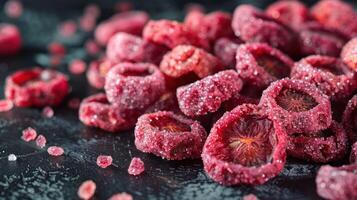A close-up of vibrant, sugared raspberry slices on a dark surface. photo