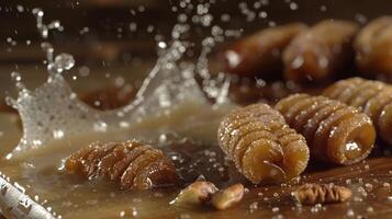 A close-up of sweet pastries with syrup, creating a splash effect. photo