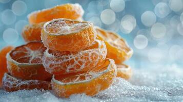 A stack of frosted orange slices on a snowy surface with a blurred background. photo