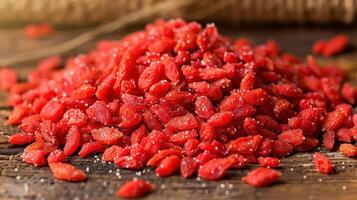 A pile of dried goji berries on a wooden surface, showcasing their vibrant color and texture. photo