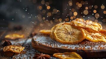 Dried citrus slices arranged on a wooden board, dusted with sugar, against a bokeh background. photo