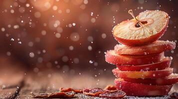A stack of apple slices dusted with sugar, surrounded by falling snowflakes. photo