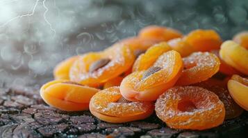 A close-up of dried apricots arranged on a textured surface. photo