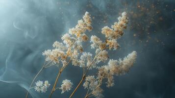 Delicate white flowers against a smoky background, creating a serene and ethereal atmosphere. photo