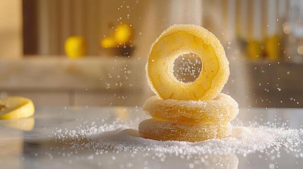A stack of sugared lemon slices on a countertop, with sugar dusting creating a sparkling effect. photo