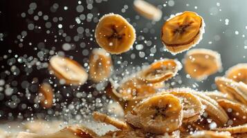 Sliced bananas falling with powdered sugar, creating a dynamic and appetizing scene. photo