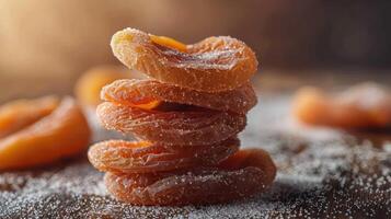 A stack of dried apricots dusted with sugar on a wooden surface, showcasing a healthy snack. photo