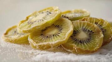 Dried kiwi slices arranged on a surface, sprinkled with sugar for a sweet treat. photo