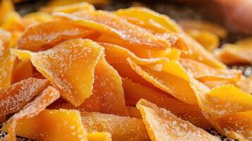 A close-up of sweet, dried mango slices sprinkled with sugar. photo