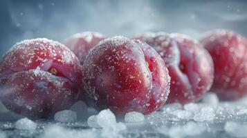 A close-up of frozen red plums with sugar crystals, evoking a refreshing, wintry feel. photo