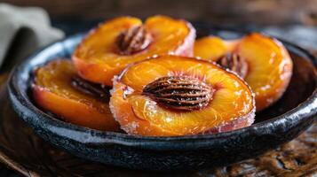 A close-up of glazed peach slices with nuts on a dark plate, showcasing a delicious dessert. photo