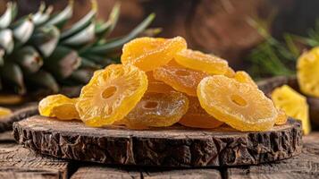 A pile of dried pineapple slices on a rustic wooden surface. photo