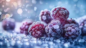 Frosted raspberries glistening on a surface with a bokeh background. photo