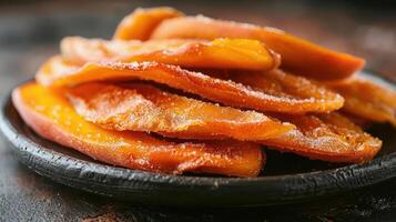 A close-up of sweet, dried mango slices arranged on a black plate. photo