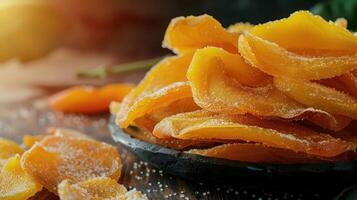 Dried mango slices arranged on a dark surface, showcasing their vibrant color and texture. photo