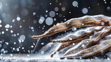 Close-up of dried pods with a sprinkle of powder, creating a dynamic, textured effect. photo