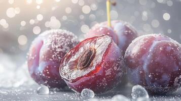 Juicy plums coated in frost, showcasing a fresh and vibrant appearance. photo