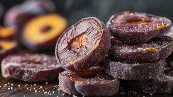 A close-up of sugared plum slices stacked on a wooden surface. photo