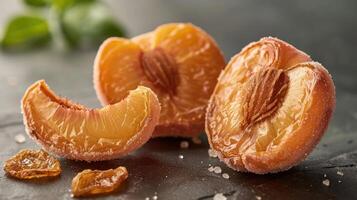 Dried peach slices with a glossy texture, arranged artistically on a dark surface. photo