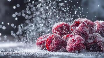 A close-up of frosted raspberries with a sprinkle of sugar, creating a fresh, enticing look. photo