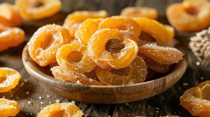 Dried apricots in a wooden bowl, sprinkled with sugar, on a rustic wooden table.