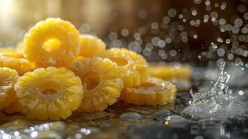 A close-up of pineapple slices with water droplets, creating a refreshing ambiance. photo