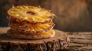 Dried pineapple slices stacked on a wooden surface, showcasing their texture and color. photo