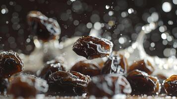 A close-up of dates splashing in water, highlighting freshness and texture. photo