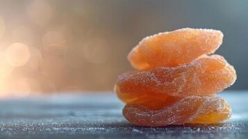 A close-up of sugar-coated dried apricots stacked on a surface with a blurred background. photo