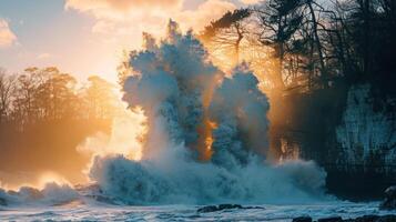 A dramatic seascape featuring crashing waves and sunlight filtering through misty spray. photo