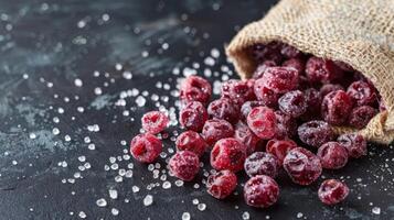 A burlap sack spilling frozen red berries onto a dark surface, accented with sugar crystals. photo