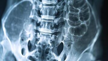 X-ray image of a human pelvis and lower spine, illustrating bone structure and health. photo