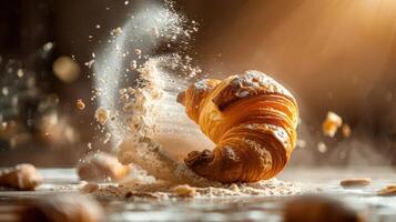 A croissant bursts apart, scattering crumbs in a dynamic, visually striking scene. photo