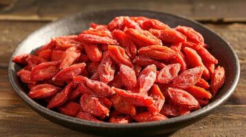A bowl filled with dried goji berries, showcasing their vibrant red color and texture. photo