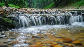 A serene stream with cascading water over pebbles in a lush green forest setting. photo