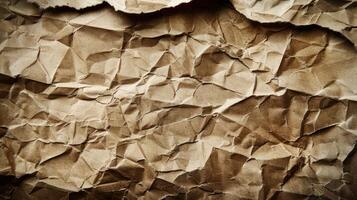 A close-up view of crumpled brown paper, showcasing texture and depth. photo