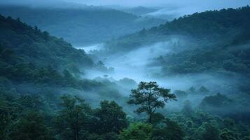 A serene misty valley surrounded by lush forests at dawn. photo