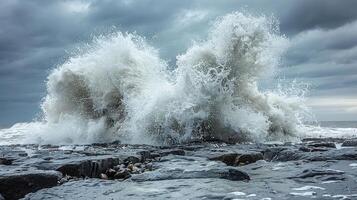 Powerful ocean waves crashing against rocky shore under a moody sky. photo