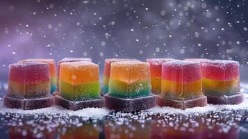 Colorful layered jelly cubes with a snowy background, creating a whimsical dessert scene. photo